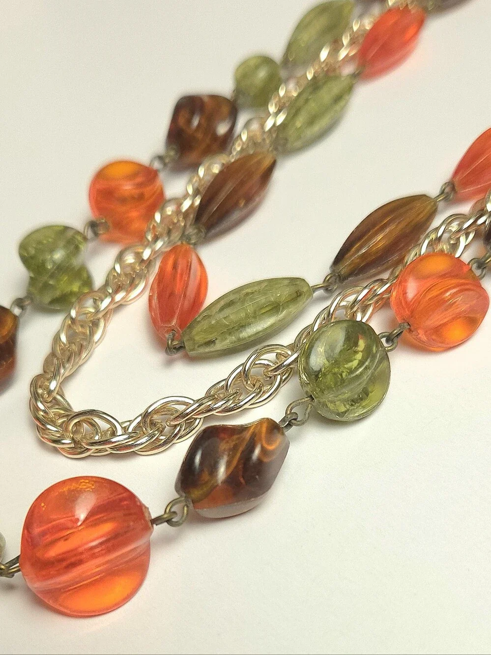 Vintage Orange Green & Brown Acrylic Beaded Multi Strand Necklace 1950s Germany